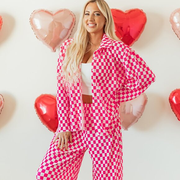 Pink Checkered Buttoned Shirt and High Waist Pants Pajama Set - Picture 1 of 16